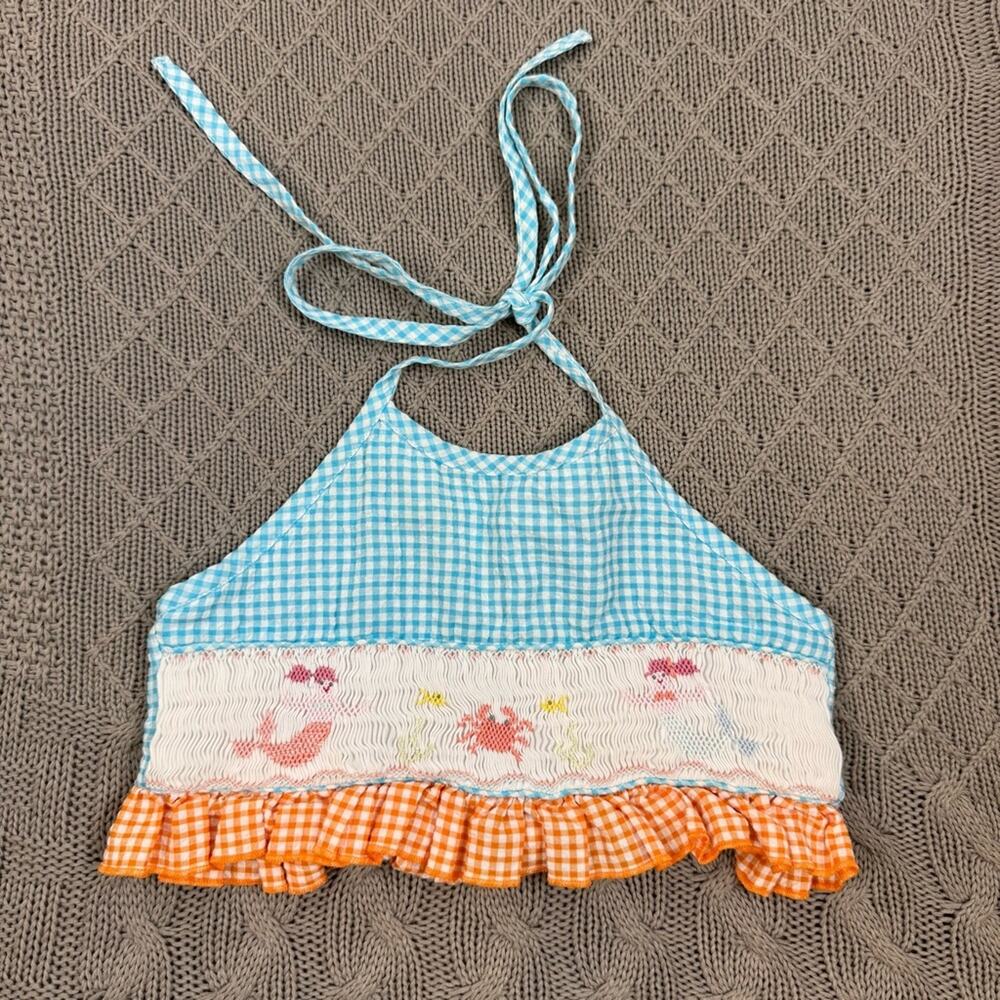 Classy Couture Smocked Blue and Orange Gingham Halter Swim Top ~ 5